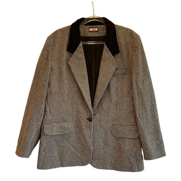 Houndstooth Blazer Wool Blend Black Velvet Collar Vintage Academia Style USA 16 - Picture 3 of 6